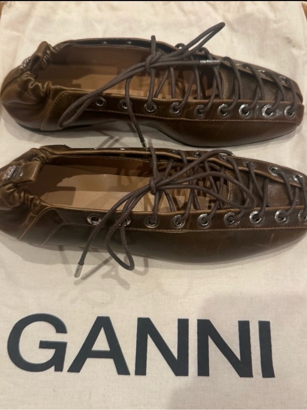 Ganni Brown Lace-Up Leather Loafers